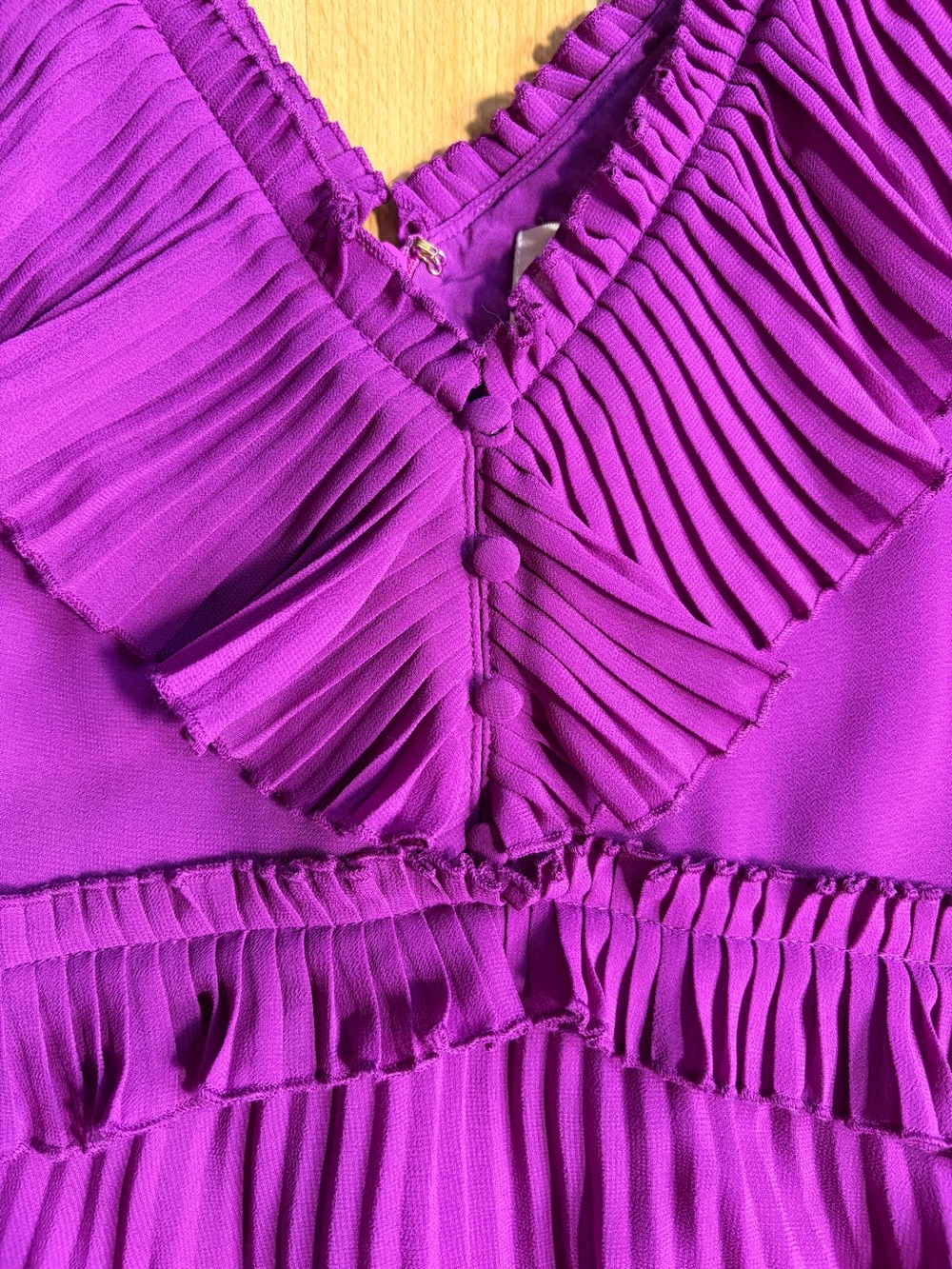 Sezane Rachelle Midi Dress Violet Magenta Accordion Pleated V-Neck Ruffle - Picture 9 of 13